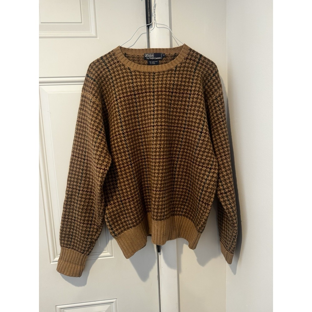 Vintage Polo Ralph Lauren Women's Brown Houndstooth Sweater camel hair M 80s